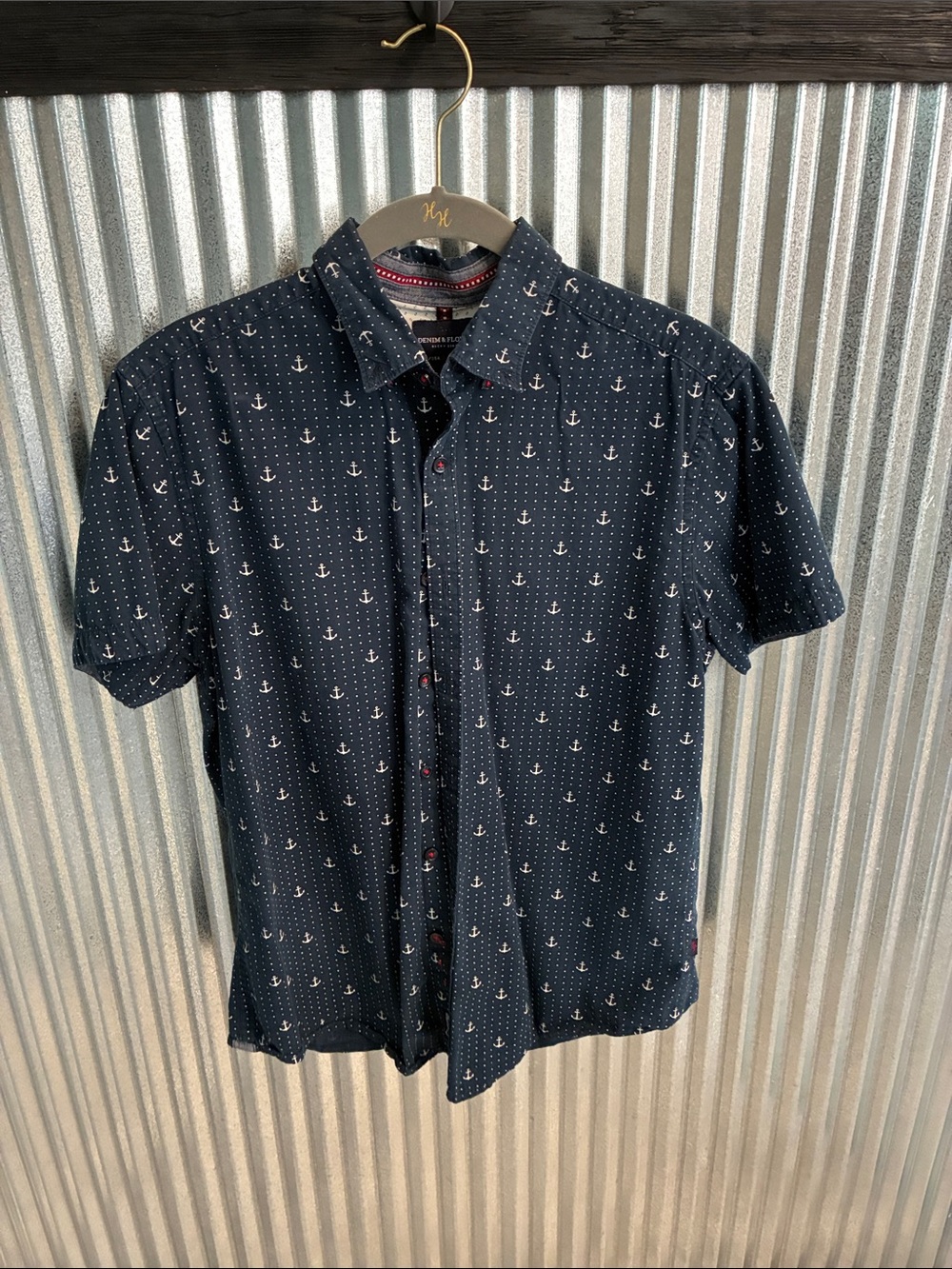 Denim & Flower Navy Anchor Print Short-Sleeve Button-Down Shirt